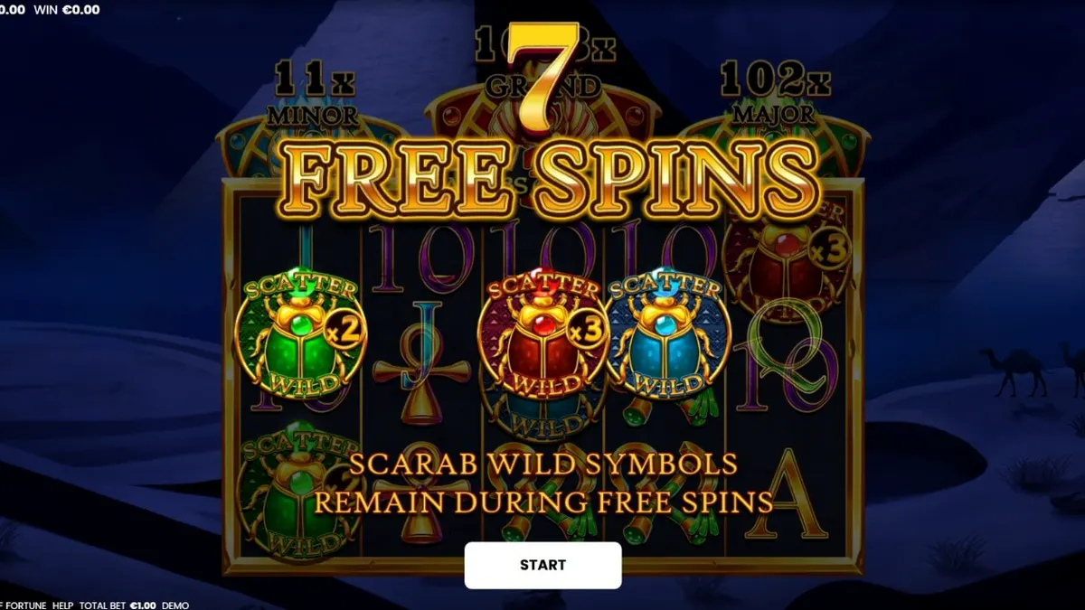 Tampilan visual slot 3 Scarabs of Fortune dengan tema Mesir kuno