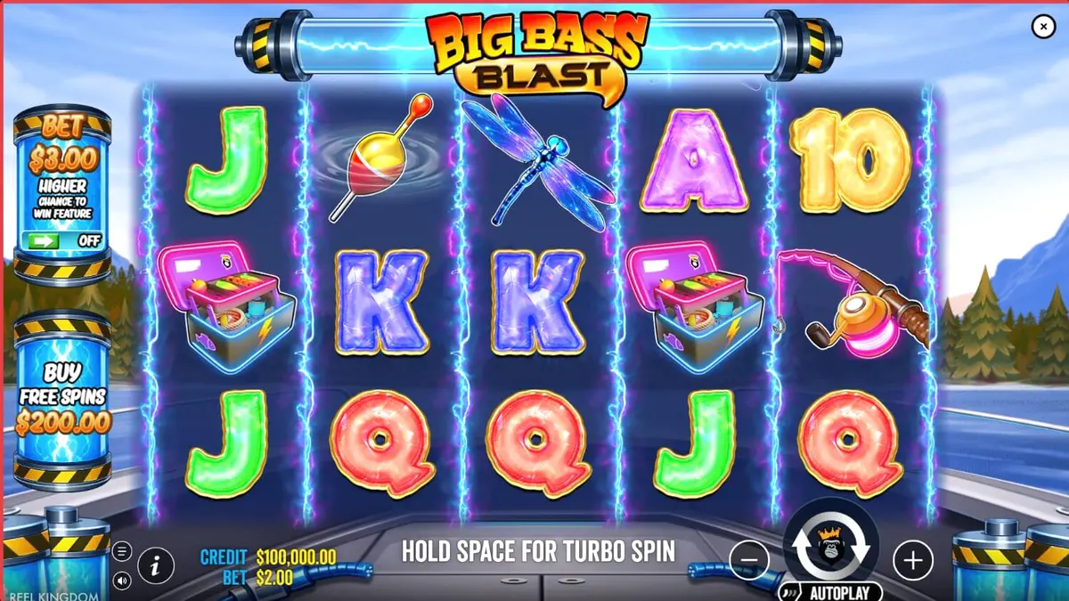 Tampilan layar ponsel menampilkan permainan slot Big Bass Blast dengan tema memancing futuristik.