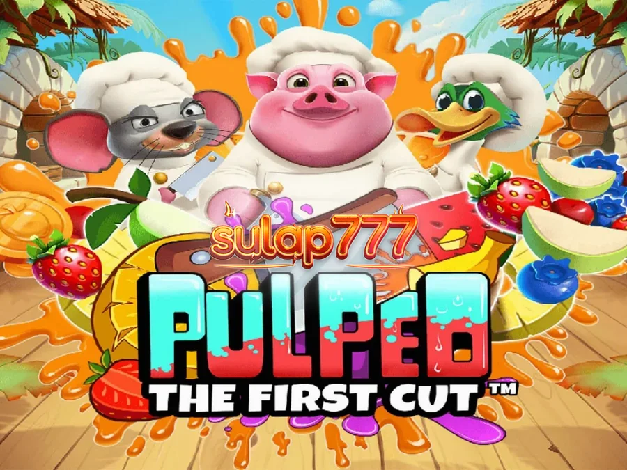 Tampilan visual slot Pulped: The First Cut dengan tema dapur tropis dan karakter koki hewan.
